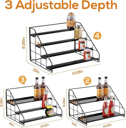 4 Tiered Spice Rack Organizer, 2 Pack Spice Rack Organizer for Cabinet, Tiered Adjustable Spice Shelf for Kitchen Countertop Pantry Organization (Carbon Black)