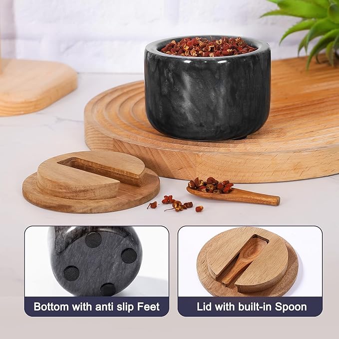 Salt and Pepper Bowl, Marble Salt Cellar and Spices Storage Container With Built-in Spoon and Acacia Wood Lid - 6.5oz Capacity (Black)