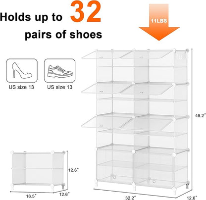 AWTATOS Shoe Rack, 8 Tier Shoe Storage Cabinet with Door, 32 Pair Shoe Organizer Shelves for Closet Hallway Bedroom Entryway, Transparent Twill