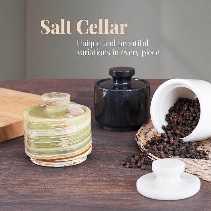 MARBLOUS KRAFTS Marble Salt Cellar with Lid 3" Inch Green Onyx Stone Salt Holder for Counter & Stone Salt Container, Salt Dish, Salt Box & Spice Jar, Ideal Mother’s Day Gift, Home Decor
