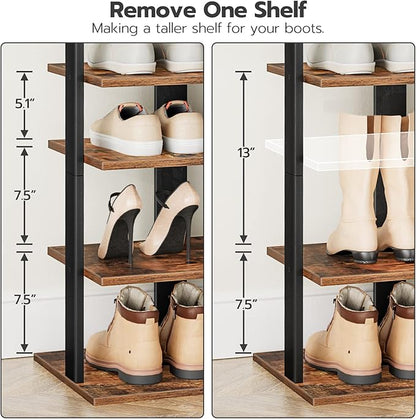 HOOBRO 8 Tiers Vertical Shoe Rack, Wooden Shoe Storage Organizer with Hooks, Narrow Shoe Tower for 16 Pairs, Space Saving, for Entryway, Living Room, Bedroom, Rustic Brown BF750XJ01