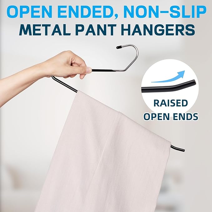 Amber Home 20 Pack Black Metal Pants Hangers, 15" Non-Slip Open Ended Jeans & Trousers Hangers, Space Saving Slacks Hangers for Closet
