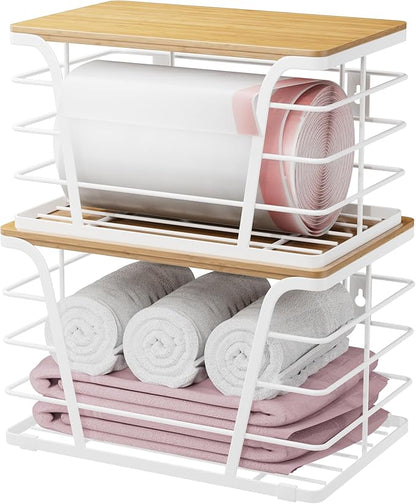 TIDIIABODE Extra Large 2 Pack Potato and Onion Storage Bins, Potato and Onion Storage Baskets with Bamboo Top, Trash Bag Dispenser, Storage Stackable for Kitchen Laundry Organizers, White