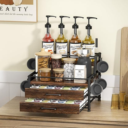 Homsorout Coffee Syrup Rack Organizer - 4-Tier 8 Syrup Wine Bottles Stand with 82 Storage Drawer for K Cups, Coffee Pod Holder for Countertop, Bar Station, Kitchen, Rustic Brown