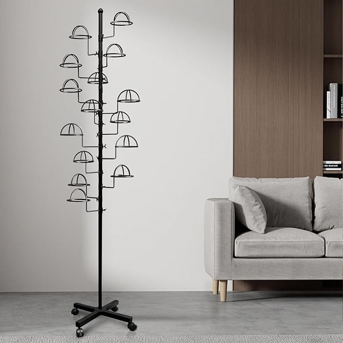 Montex Freestanding Hat Rack Stand, Metal Hat Organizer Rack with 14 Customisable Circular Hooks, Hats Tree Stand Floor Standing Hat Display, Black