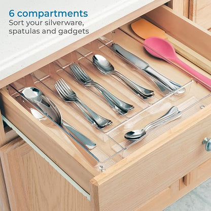 iDesign Linus BPA-Free Plastic Divided Drawer Organizer Tray-13.5" x 13.25" x 2.25", Clear, 6 Section