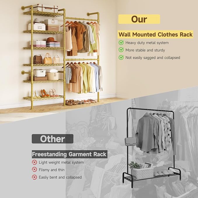 ONBRILL H2 Wall Mounted Clothing Rack, Expandable Industrial Pipe Clothes Rack Garment Racks for Hanging Clothes, Heavy Duty Closet Organizers and Storage in Closet System, Gold