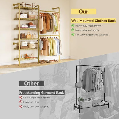 ONBRILL H2 Wall Mounted Clothing Rack, Expandable Industrial Pipe Clothes Rack Garment Racks for Hanging Clothes, Heavy Duty Closet Organizers and Storage in Closet System, Gold
