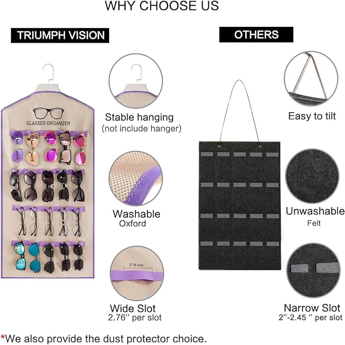 TRIUMPH VISION 15 Slots Hanging Sunglass Organizer, Over The Door Glasses Holder Stand Fabric Eyeglasses Case