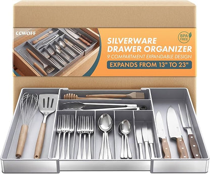 Heavy Duty Stainless Steel Frame Silverware Organizer with Plastic Body, Extra Large Silverware Drawer Organizer, 9 Slot Expandable Kitchen Drawer Organizer, 8 Non-Slip Feet Included, BPA Free, Gray