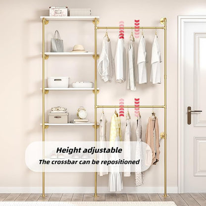Industrial Pipe Clothing Rack, Wall Mounted DIY Garment Rack with 2 Adjustable Rod & 5 Shelves, Heavy Duty Closet Organizers System in Wardrobe Closet, Gold