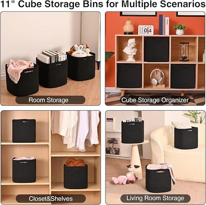 11 Inch Cube Storage Bins, 11x11 Cube Storage Bins for Cube Organizer, Square Cloth Storage Cubes, Black Woven Storage Baskets for Shelves, Toy Baskets Storage Kids, Black (Pack of 3)