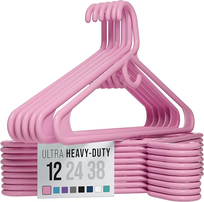 NEATERIZE Thick Heavy Duty Hangers - Pink Plastic Clothes Hangers 12 Pack - Great for Coat Hanger, Jackets Jeans & Suit Hanger for Closet - New Apartment Essentials Percheros Ganchos para Colgar Ropa