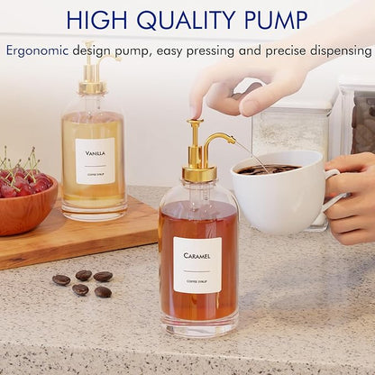 16.9 oz (500 ml) Coffee Syrup Dispenser Set- 4 Glass Bottles with Gold Pumper and Syrup Labels - Precise Dispensing and Stylish Addition to Coffee Shop, Cafe or Home Bar