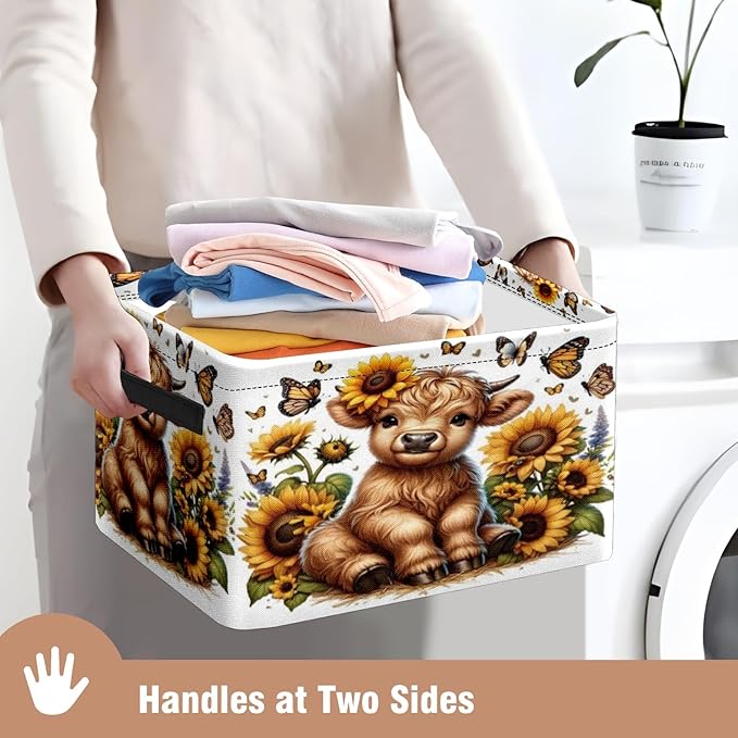 Highland Cow Sunflower Butterfly Storage Basket Large Foldable Storage Bin Cube Collapsible Organizer for Pantry Bedroom Decor