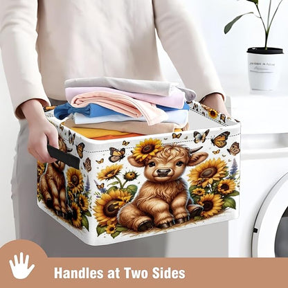 Highland Cow Sunflower Butterfly Storage Basket Large Foldable Storage Bin Cube Collapsible Organizer for Pantry Bedroom Decor