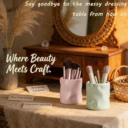 Premium Ceramic Makeup Brush Holder - Weighted & No-Tip Organizer with Easy-Clean Glaze, Vanity Storage for Brushes, Elegant Bathroom & Dresser Tabletop Decor An ideal gift for women (beige)