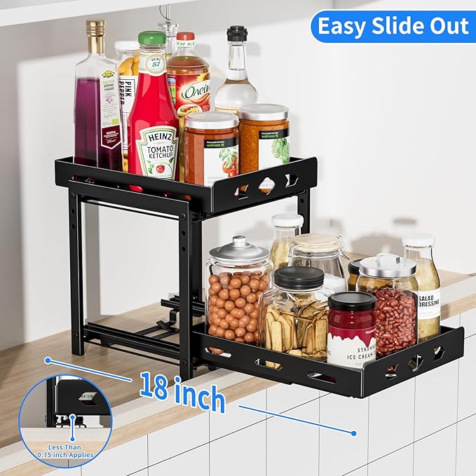 BOIVSHI Pull Out Spice Racks for Inside Cabinets, 2-Tier Cabinet Spice Rack, Height Adjustable Spice Rack Organizer for Cabinet, Kitchen Vertical Spice Rack (9.7''Wx10.8''Dx9.2''H, Metal Black)