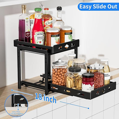 BOIVSHI Pull Out Spice Racks for Inside Cabinets, 2-Tier Cabinet Spice Rack, Height Adjustable Spice Rack Organizer for Cabinet, Kitchen Vertical Spice Rack (9.7''Wx10.8''Dx9.2''H, Metal Black)