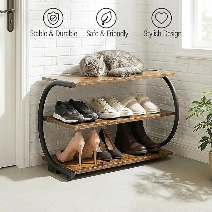 C-Shaped 3-Tier Shoe Rack with Metal Frame & Adjustable Feet - Compact Organizer for Entryway, Closet, Hallway (Holds 11 lbs/Shelf)