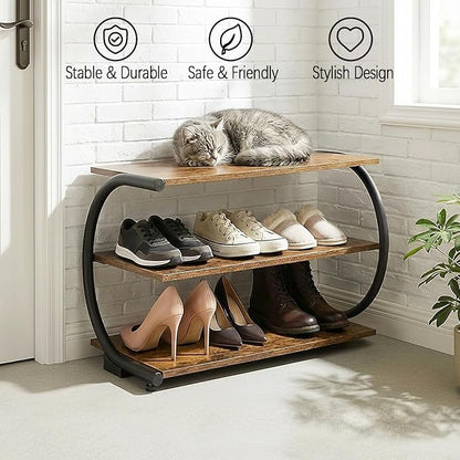 C-Shaped 3-Tier Shoe Rack with Metal Frame & Adjustable Feet - Compact Organizer for Entryway, Closet, Hallway (Holds 11 lbs/Shelf)