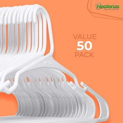 NEATERIZE Clothes Hangers Plastic 50 Pack for Adults - Plastic Hangers, The Perfect Coat Hanger and Space Saving Clothes Hangers for Closet, Percheros Ganchos para Colgar Ropa Hangars - White Hangers