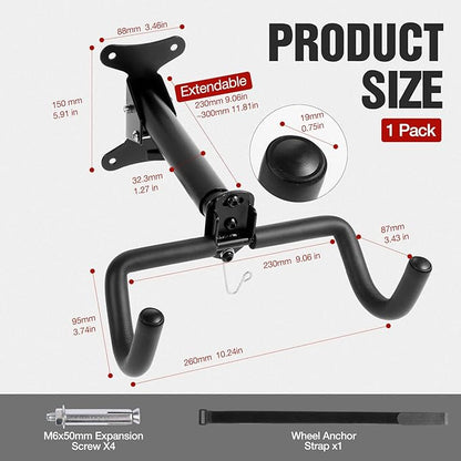 Bike Wall Mount Hanger - Adjustable Horizontal Bicycle Rack | Wall-Mounted Bike Hook for Road, Mountain & Hybrid Bikes | Space-Saving Bike Rack for Garage or Indoor Storage