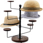 MyGift Industrial Matte Black Metal Tabletop Hat Stand with Round Rustic Burnt Solid Wood Hangers, Home or Commercial Table Display Rack with 8 Cap Holders