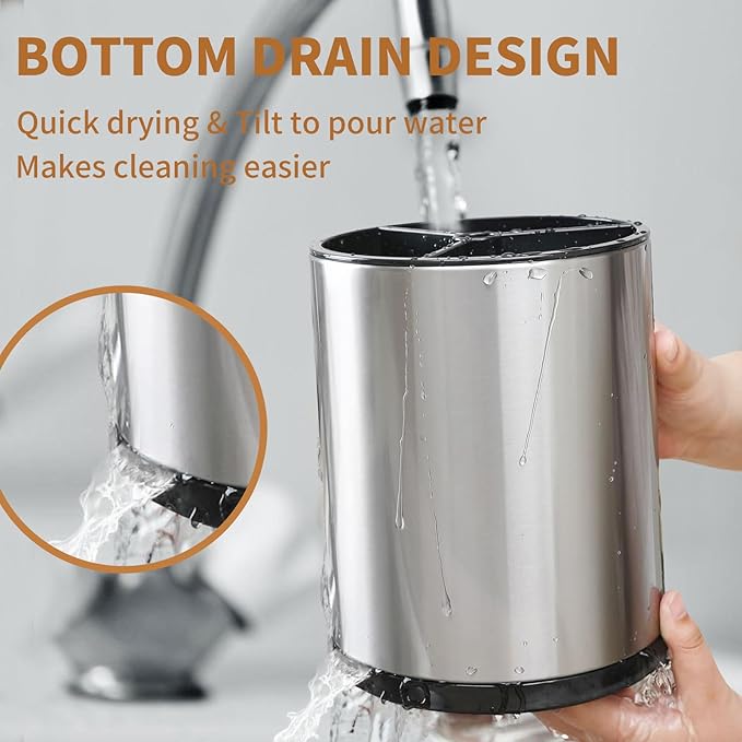 Nigelia Extra Large Kitchen Utensil Holder, 360° Rotating Stainless Steel Cooking Utensil Holder for Countertop, 3 Compartment Flatware Organizer & Cooking Caddy with Removable Base（Silvery）