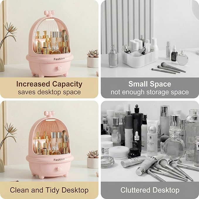 360° Rotating Cosmetic Storage Box,Cute Fashion Makeup Organizer with Drawer,Dustproof Skincare Display Case for Vanity Countertop Bathroom,Ideal Gift for Women（pink）