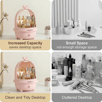 360° Rotating Cosmetic Storage Box,Cute Fashion Makeup Organizer with Drawer,Dustproof Skincare Display Case for Vanity Countertop Bathroom,Ideal Gift for Women（pink）
