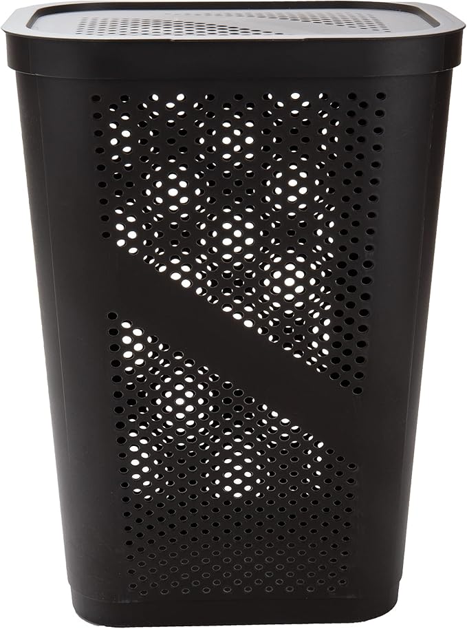 Mind Reader Slim Laundry Hamper with Lid, 60L Clothes Basket, Ventilated Plastic, Brown