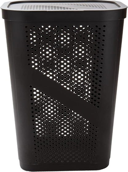 Mind Reader Slim Laundry Hamper with Lid, 60L Clothes Basket, Ventilated Plastic, Brown