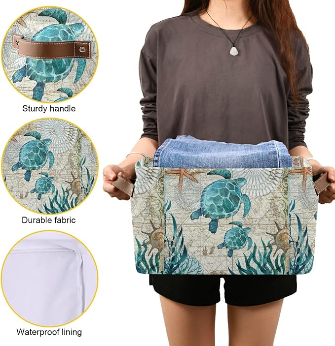 Bolaz Large Storage Basket Vintage Ocean Sea Turtle Starfish Map Foldable Storage Box Organizer Bins with Handles for Bedroom Home Office