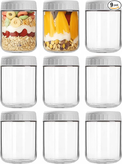 Overnight Oats Containers with Lids, 16oz Wide Mouth Mason Jars with Lids, 9 Pack Glass Jars with Airtight lid for Chia Pudding Yogurt Salad, Meal Prer Oatmeal Jars, Gray