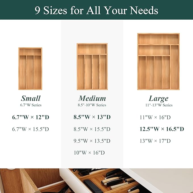 Bamboo Silverware Organizer, Kitchen Drawer Organizer, Utensil Holder, Cutlery Tray & Spoon Flatware Storage with Grooved Drawer Dividers (12.5''W x 16.5''D)