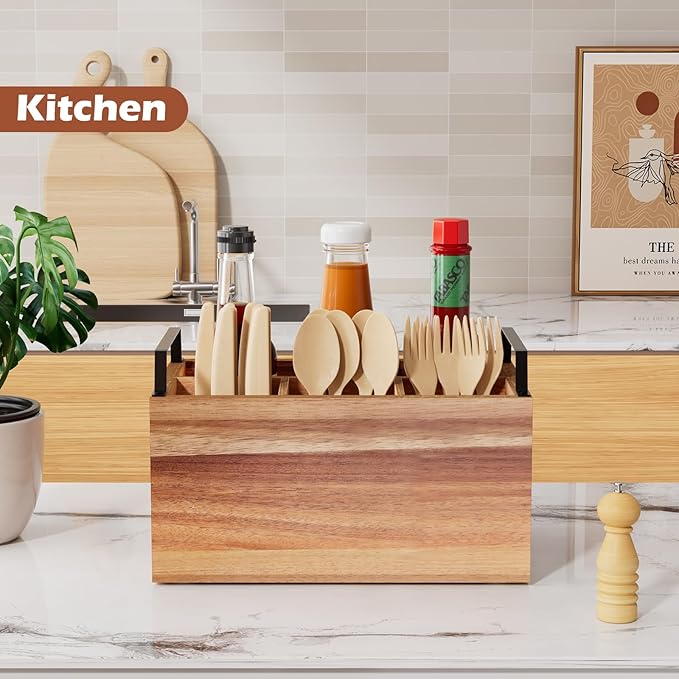 Wooden Silverware Caddy Organizer, Acacia Wooden Silverware Holder, Utensil Holder for Party, Utensil Organizer for Countertop, Wood Color