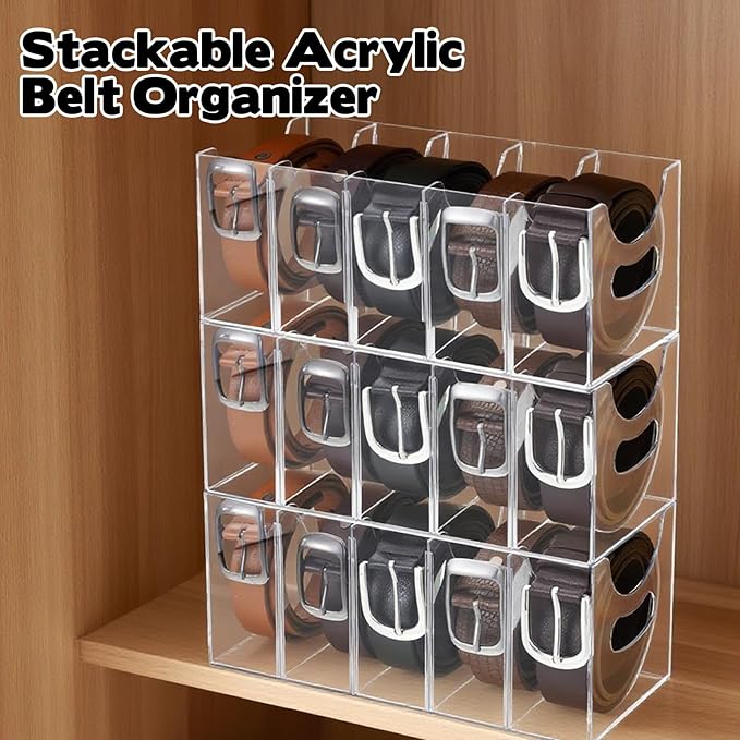 3 Pack Acrylic Belt Organizer Clear Stackable Belt Storage Holder Purse Organizer for Closet - 5 Compartments with Removable Dividers,Display Case Pantry Cabinet Organizers for Ties,Socks,Underwear