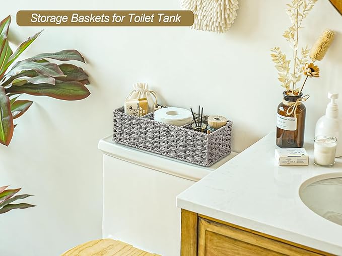 StorageWorks 3-Section Wicker Baskets for Shelves, Hand-Woven Round Paper Rope Storage Baskets, Gray, 2-Pack