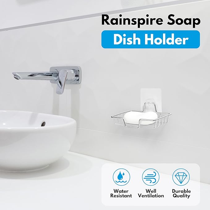 Rainspire Soap Dish Holder, No Drilling, 304 Rustproof Stainless Steel, Wall Mounted Soap Holder Soap Tray Bar Soap Sponge Holder for Bathroom & Kitchen, Square (Silver)