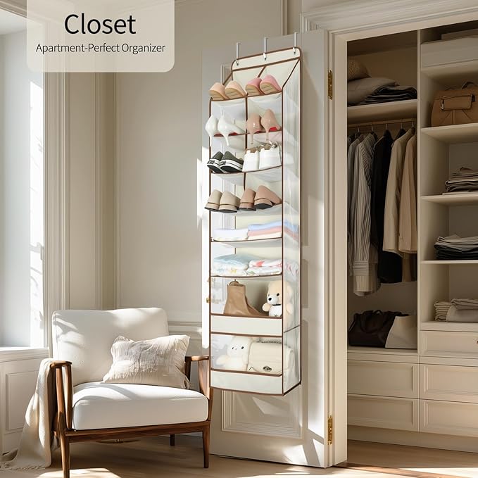 Yecaye Over the Door Shoe Organizer Hanging with Large Pockets, 8 Tier Back of Door Storage for Nursery, Closet and Bathroom, Partition Behind Door Organizers Shelf with Baby Clothes(1 Pack, Beige)