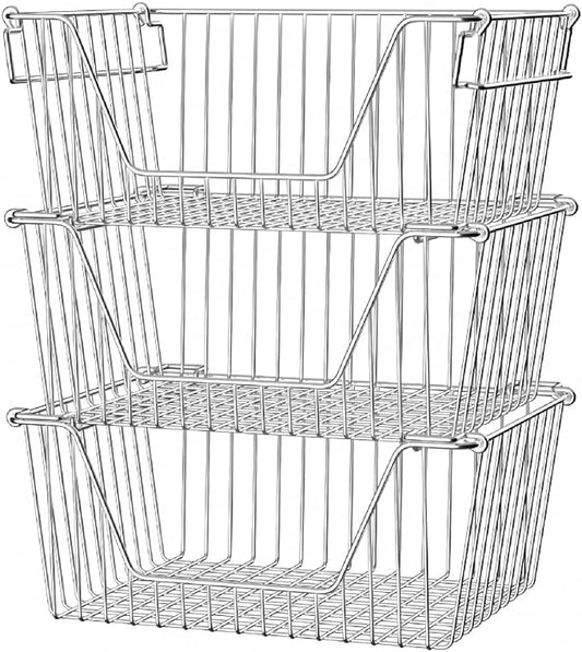 Slideep Large Stackable Storage Baskets Cabinet Organizer Sturdy Metal Wire Pantry Freezer Bin for Pantry Home Bathroom Kitchen Organization 3 Packs