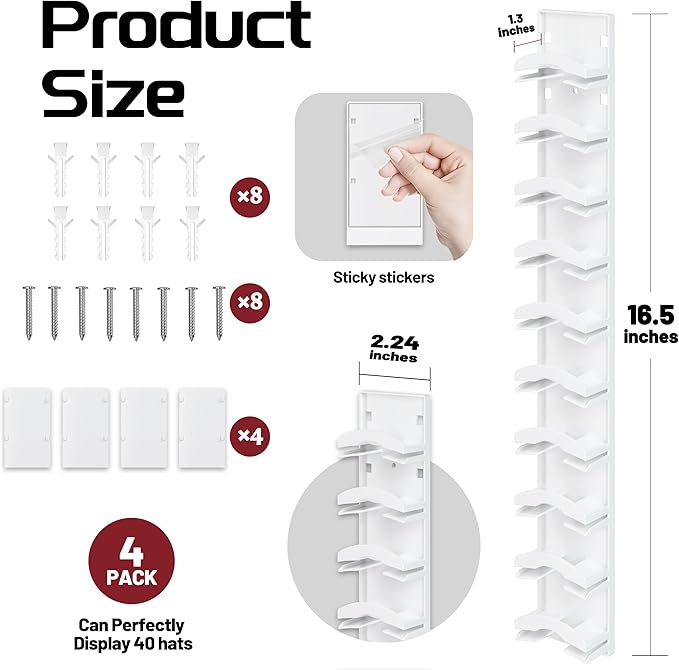 Hat Organizer Hold up to 20 Hats, 2 Pack Hat Rack for Wall with Strong Adhesive, Hat Organizer for Baseball Caps Display for Door Closet, Hat Hanger Holder Multilayer Two Mounting Option(White)