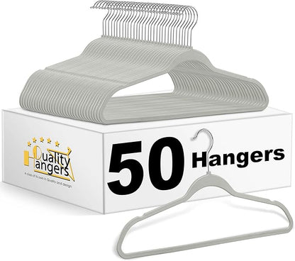 Quality Hangers 50 Pack Plastic Hangers for Clothes - Slim Non-Velvet Hangers with 360° Swivel Chrome Hook & Non Slip Notches - Ideal for Dresses Coats Shirts Jackets & More - Gray (Gray, 50 Pack)