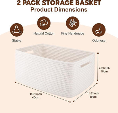 OIAHOMY Storage Basket for Shelves, Closet Cube Storage Bins Baskets for Clothes Blanket Towels, Baby Nursery, Toy Baskets Box, Woven Rope Basket, 15.75 * 11.81 * 7.09 IN, 2 Packs White
