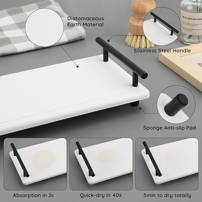 Segbeauty 12x6 Sink Caddy, Large Bathroom Tray Stone Drying Mat with Handle, Fast Drying Diatomaceous Earth Vanity Tray, Water Absorbent Countertop Organizer Bathroom Soap Holder Sink Organizer White