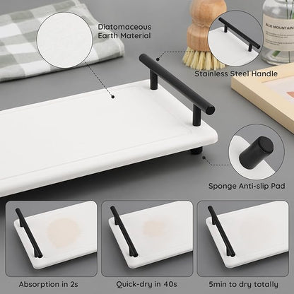 Segbeauty 12x6 Sink Caddy, Large Bathroom Tray Stone Drying Mat with Handle, Fast Drying Diatomaceous Earth Vanity Tray, Water Absorbent Countertop Organizer Bathroom Soap Holder Sink Organizer White