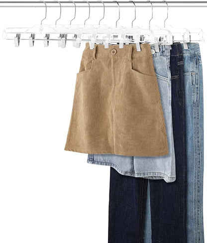 AMKUFO Pants-Hangers-with-Clips-15-Pack, 14 Inch Clear-Plastic-Skirts-Hangers-with-Adjustable-Clips for Shorts Jeans Trousers, Clothes-Hangers Non-Slip Clip-Hangers