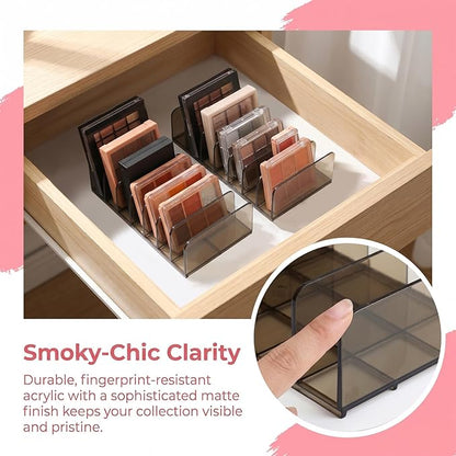 2 Pack Acrylic Makeup Palette Organizer, 7-Section Eyeshadow Palette Organizer Holder, Small Smoky Clear Cosmetic Display Storage for Drawer Vanity Countertop
