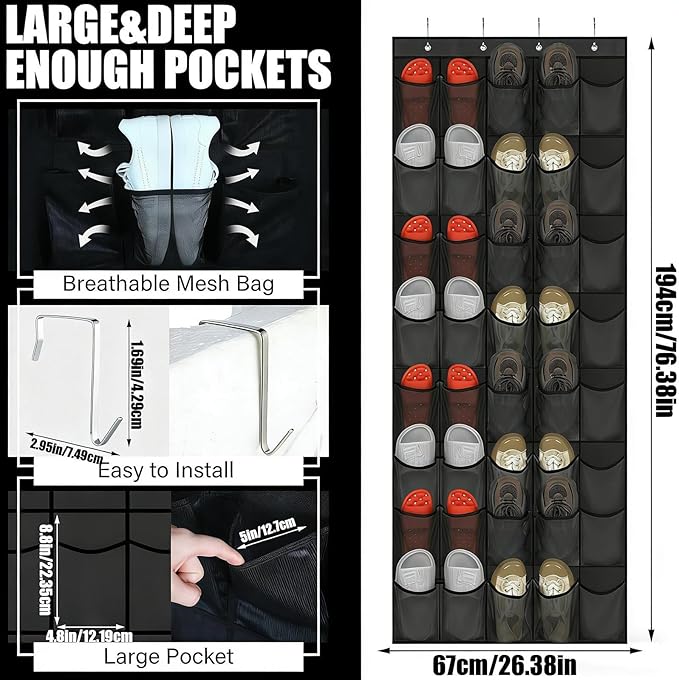 Over the Door Shoe Organizer | Mesh Foldable Space Saving Storage,Back of Door Shoe Organizer Hanger - for Bedroom Living Room Bathroom Entryway Sneaker Slippers Toiletries Bottles Crafts Toys